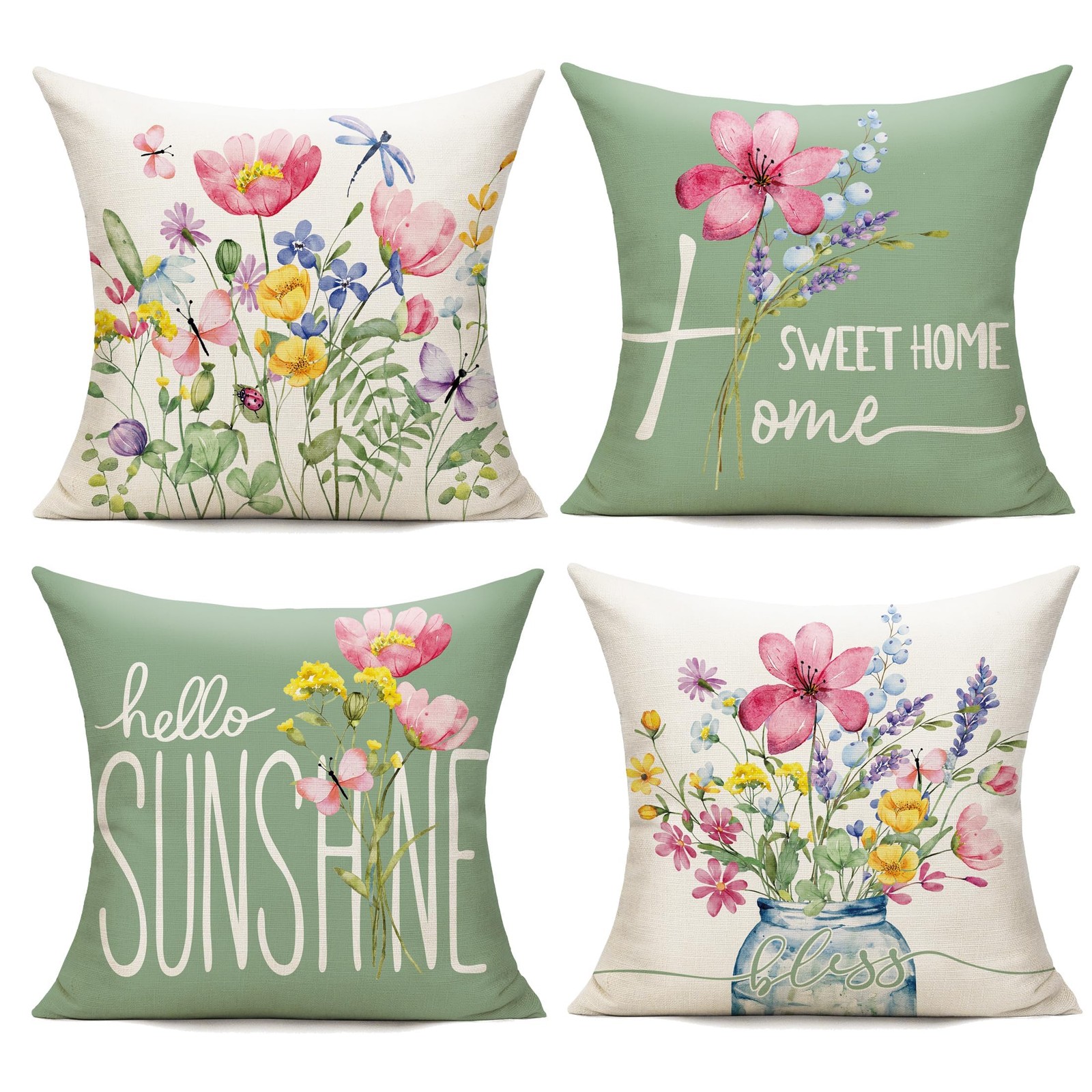Outdoor Throw Pillow Covers 18x18 Set of 4 Spring Summer Garden Flowers Farmh...