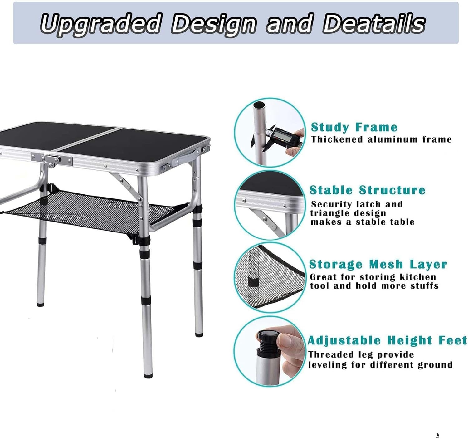 Lightweight Aluminum Folding Camping Table with Adjustable Height White 24"