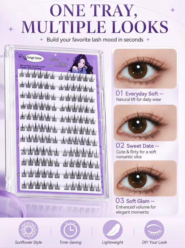 2 Boxes Self‑Adhesive False Eyelashes | No‑Glue Lash Clusters | Wispy Sunflower