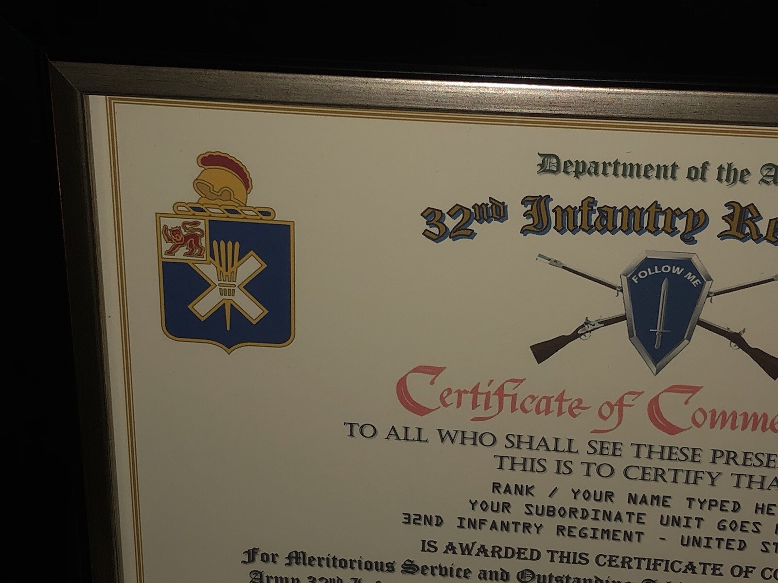 32ND INFANTRY REGIMENT / COMMEMORATIVE - CERTIFICATE OF COMMENDATION