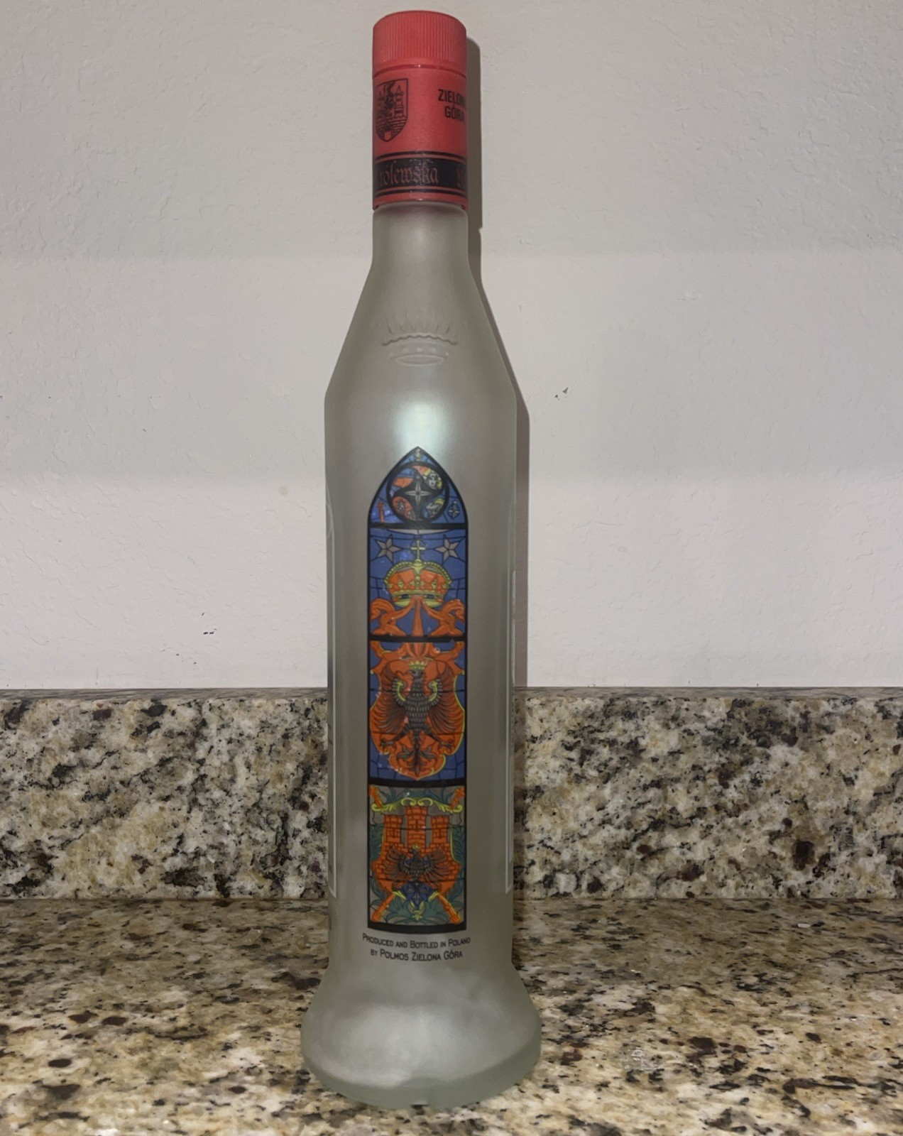 Vintage Krolewska Polish Vodka Stained Glass Window Bottle 750 ml Empty 14” Tall