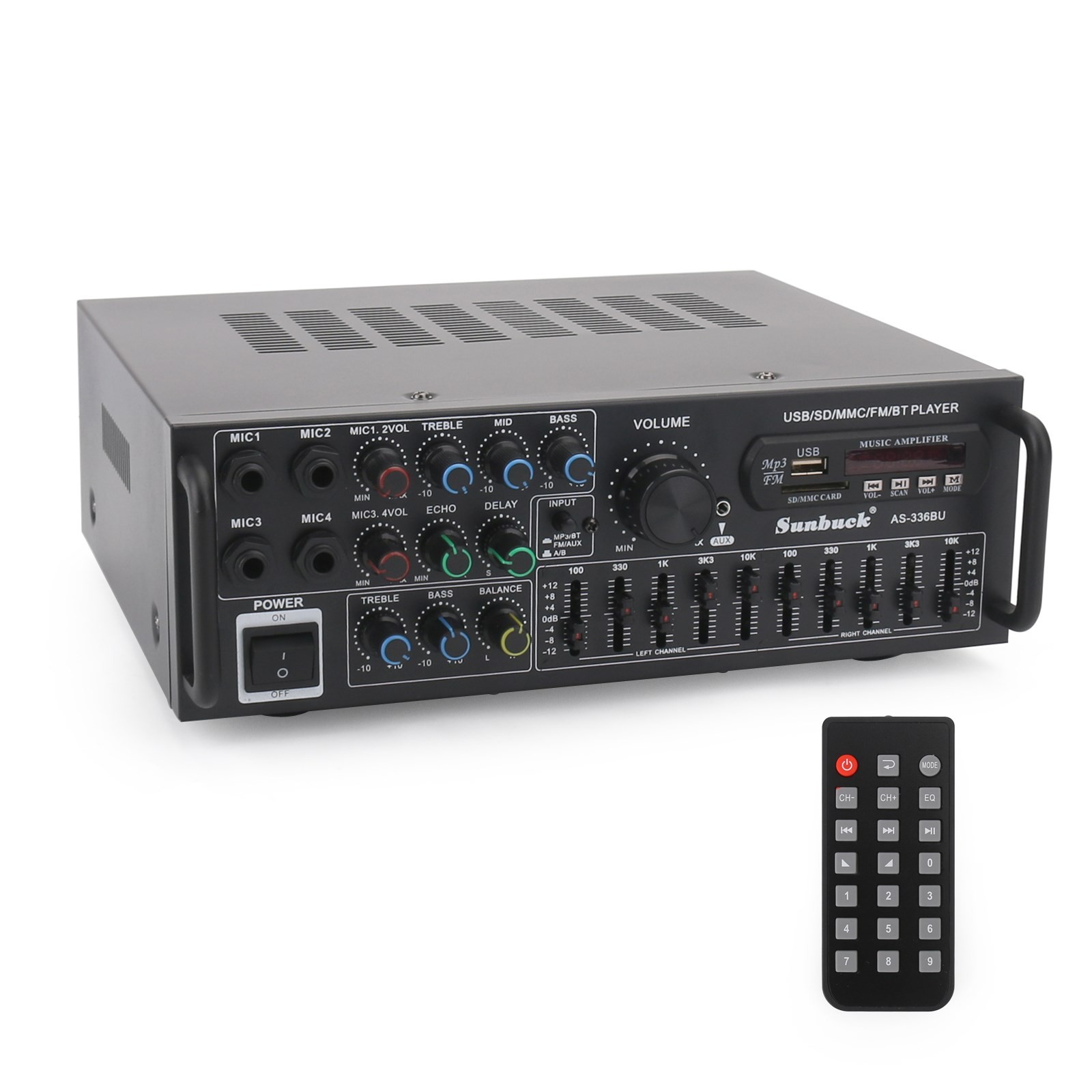 Sunbuck 2000W Power Amplifier 2-CH Bluetooth 5.0 Stereo FM USB EQ AUX w/ Remote