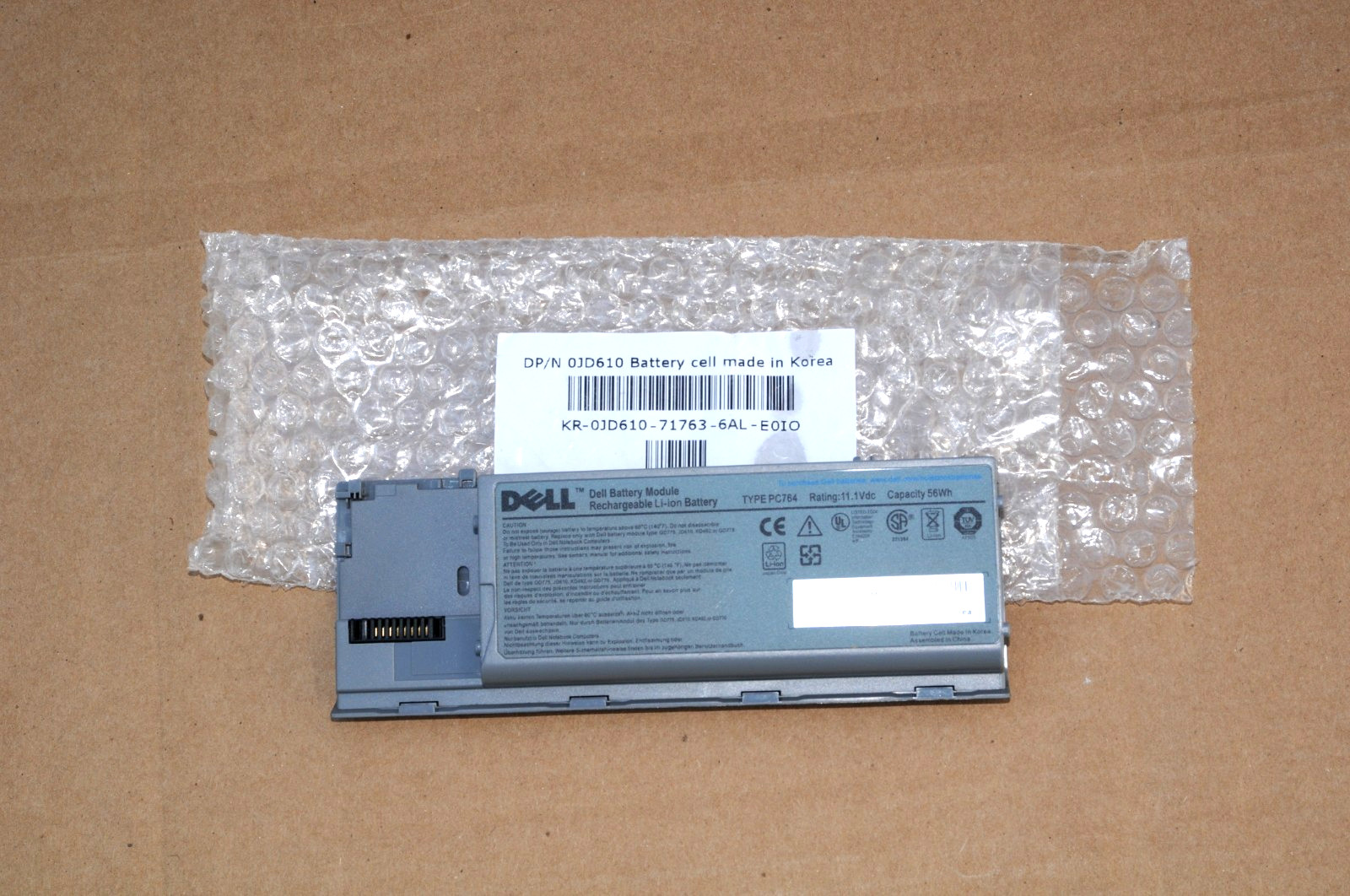 DELL LAPTOP BATTERY, DP/N 0JD610, TYPE PC764, 11.1V, 56WH, NEW, UNTESTED