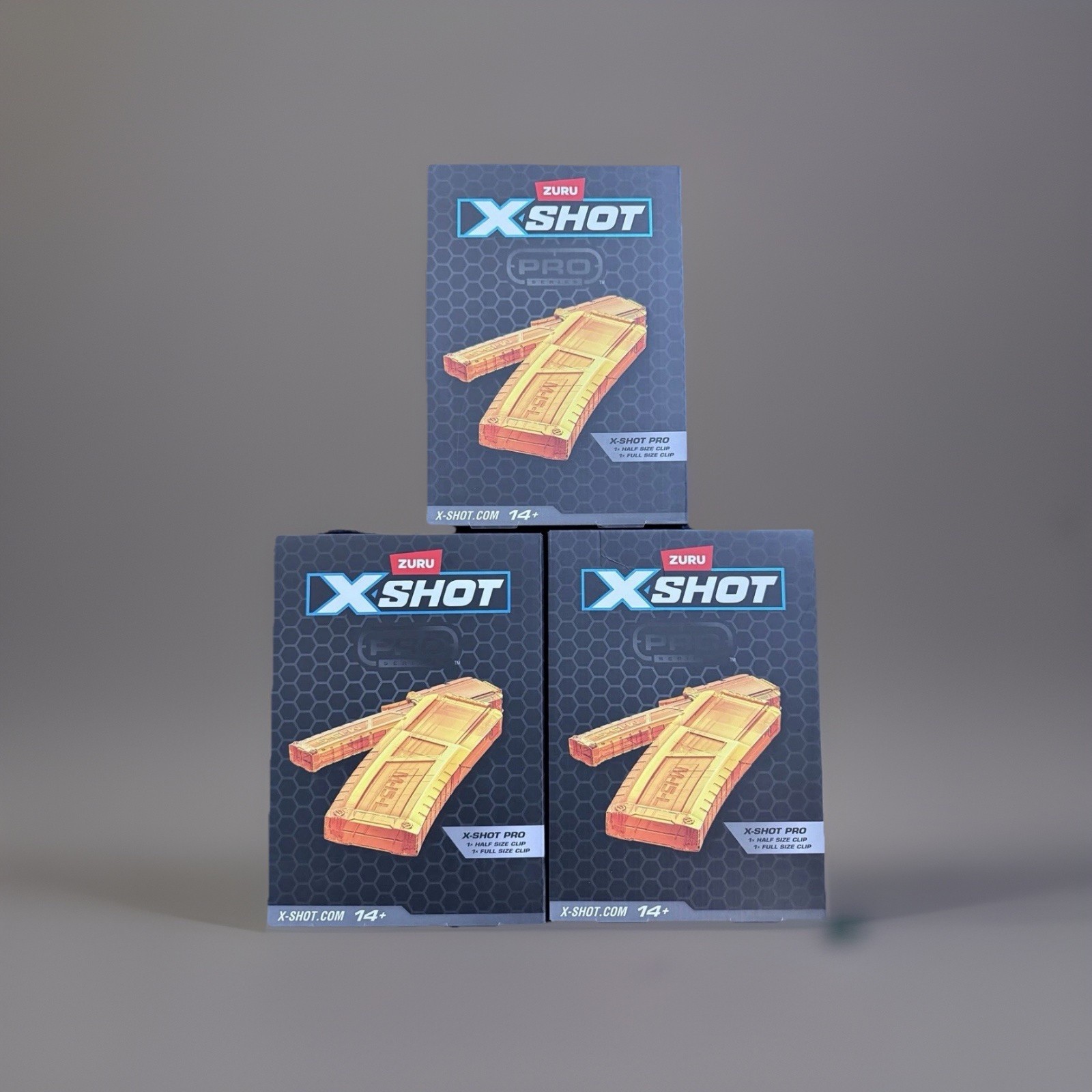 3 Sets Zuru X-Shot.  X Shot Pro, 1 Half Clip And 1 Full Clip.
