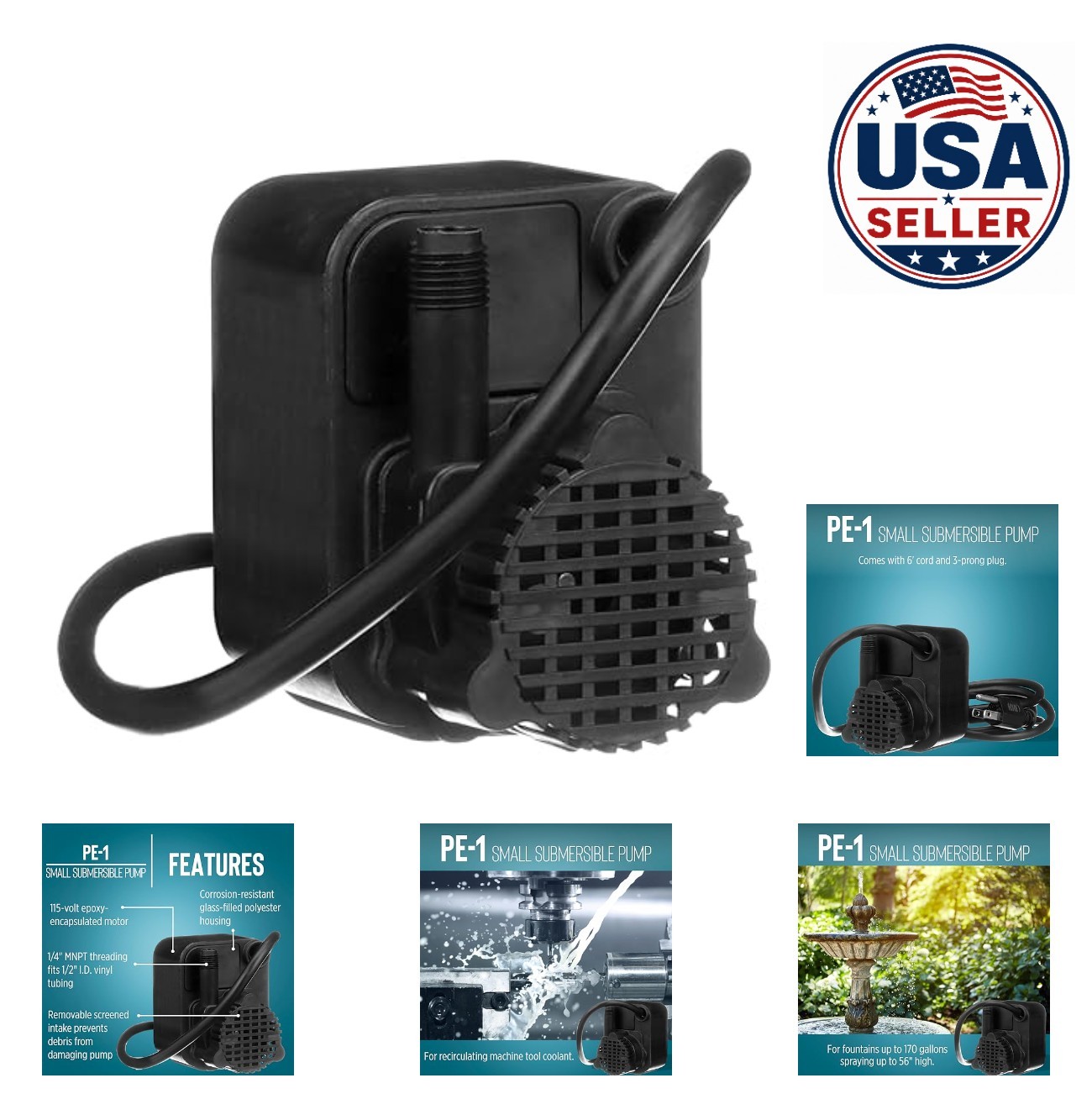 Submersible Pump 115V 170 GPH 1/125 HP Small Fountain Pond Water Transfer 6 ft