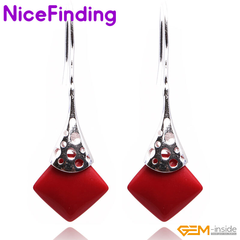 15mm Assorted Stones Silver Square Drop Dangle Hook Stud Jewelry Earrings Gift