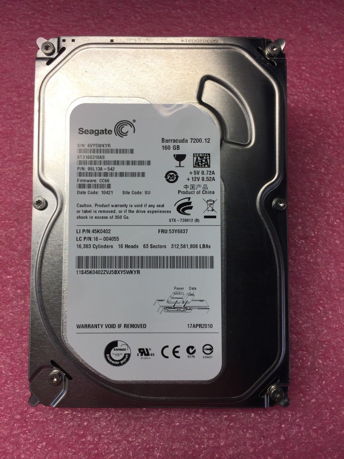LENOVO 45K0402 53Y6837 160GB 7200 RPM 3.5" SATA Hard Disk Drive