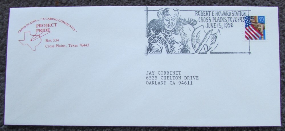 ROBERT E HOWARD CONAN PROJECT PRIDE SPECIAL 1ST DAY POSTAL CANCEL COVER 1996