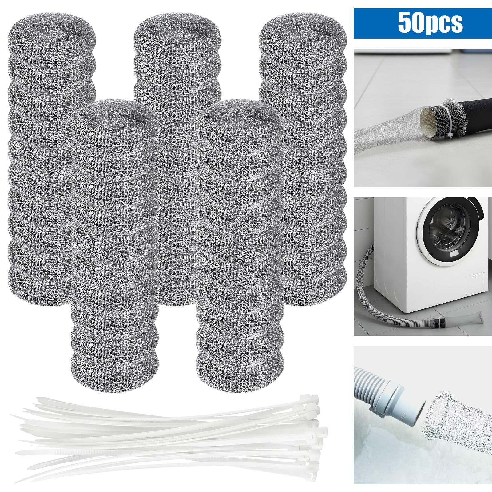 50X Washing Machine Lint Trap Stainless Steel Mesh Filter for Laundry + 50 Ties