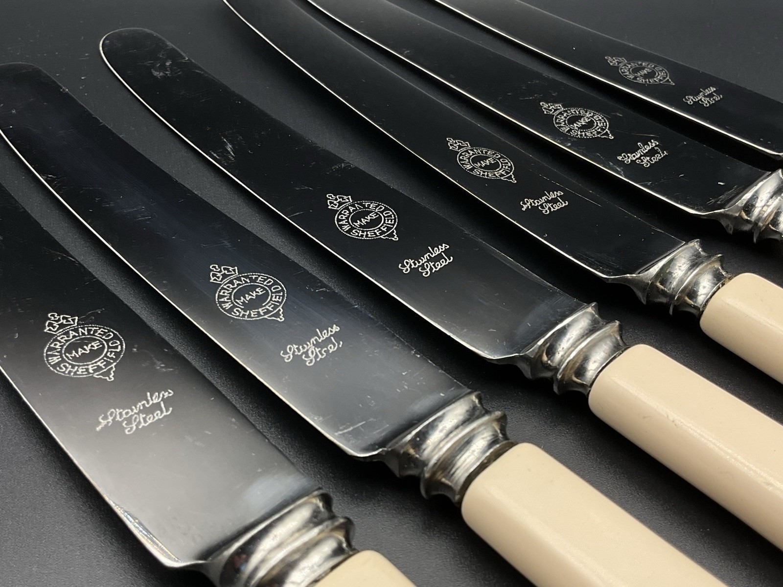 Vintage Set Of 6 Faux Bone Knives Warranted SHEFFIELD Cutlery