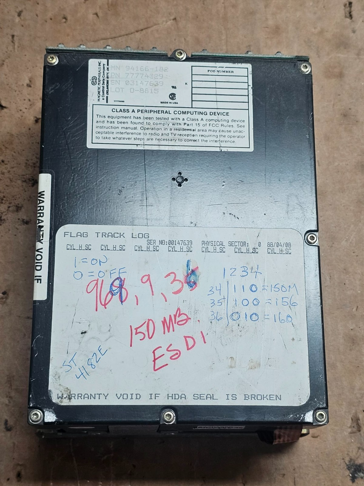 Rare Vintage Magnetic Peripherals 94166-182 77774329 Hard Drive 5.25 150MB ESDI