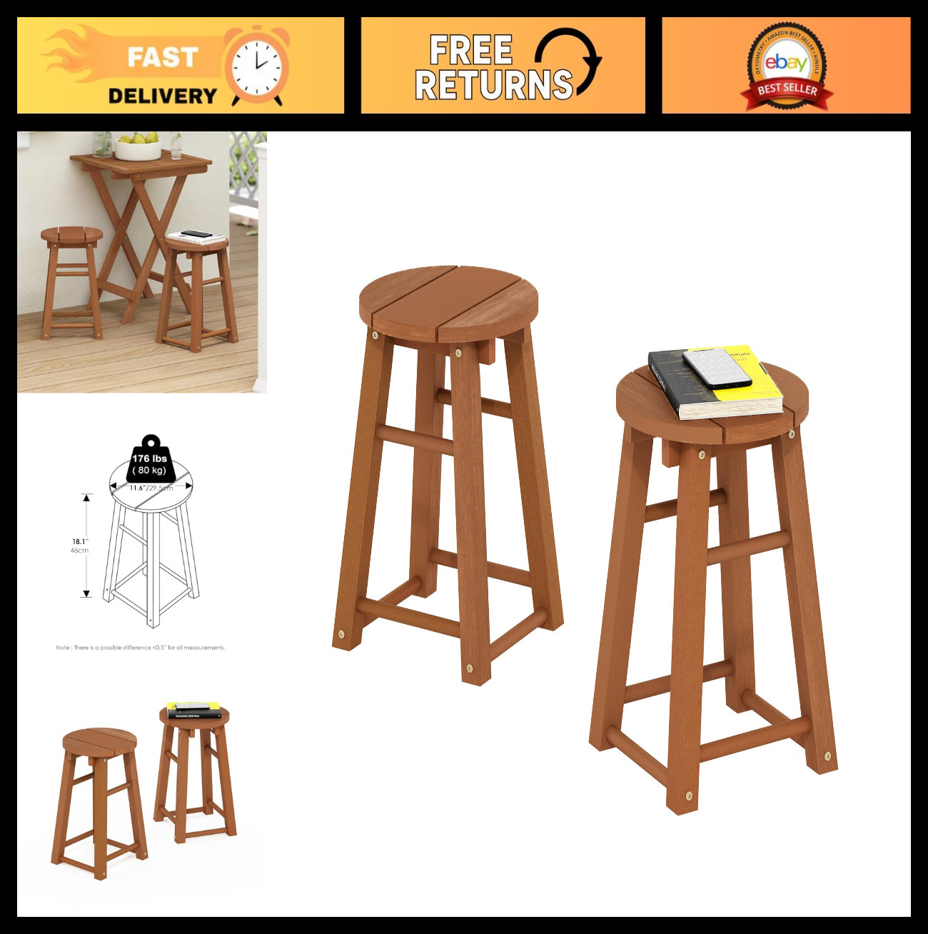 Outdoor Barstool Set of 2 - 18" Teak Oil Finish for Patio, Garden, Porch