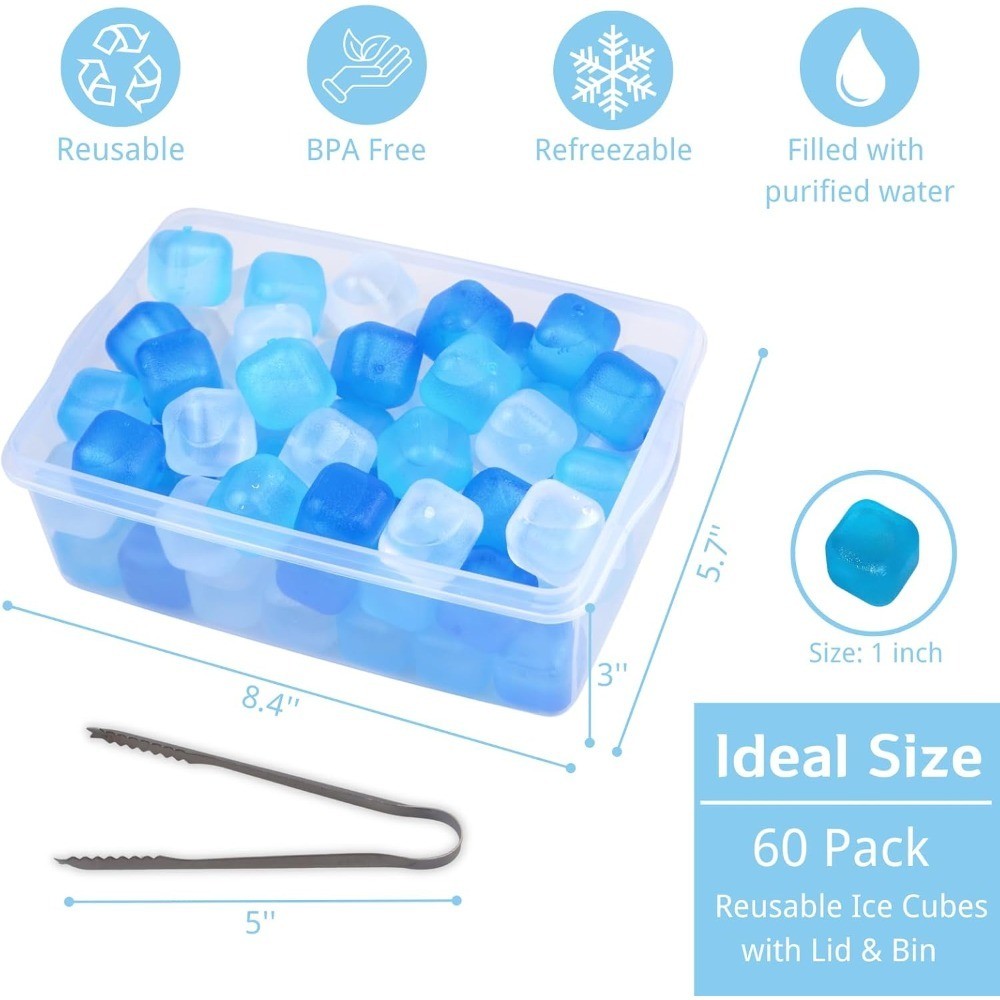 Reusable Plastic Ice Cubes Refreezable 60 Pack with Storage Bin Lid for Drinks