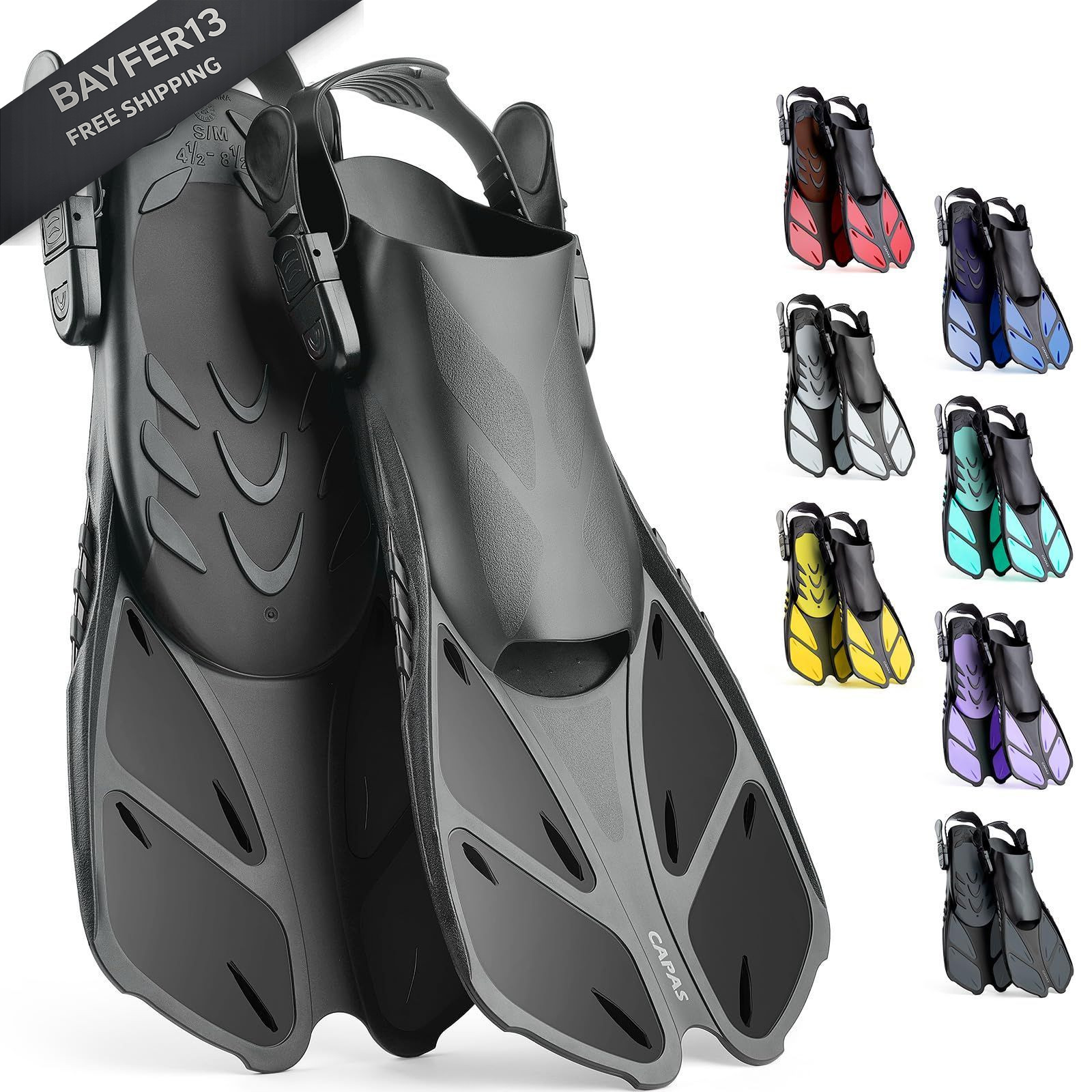 CAPAS Snorkel Fins, Swim Fins Travel L/XL (US Men 9-13 / Women 10-14), Black