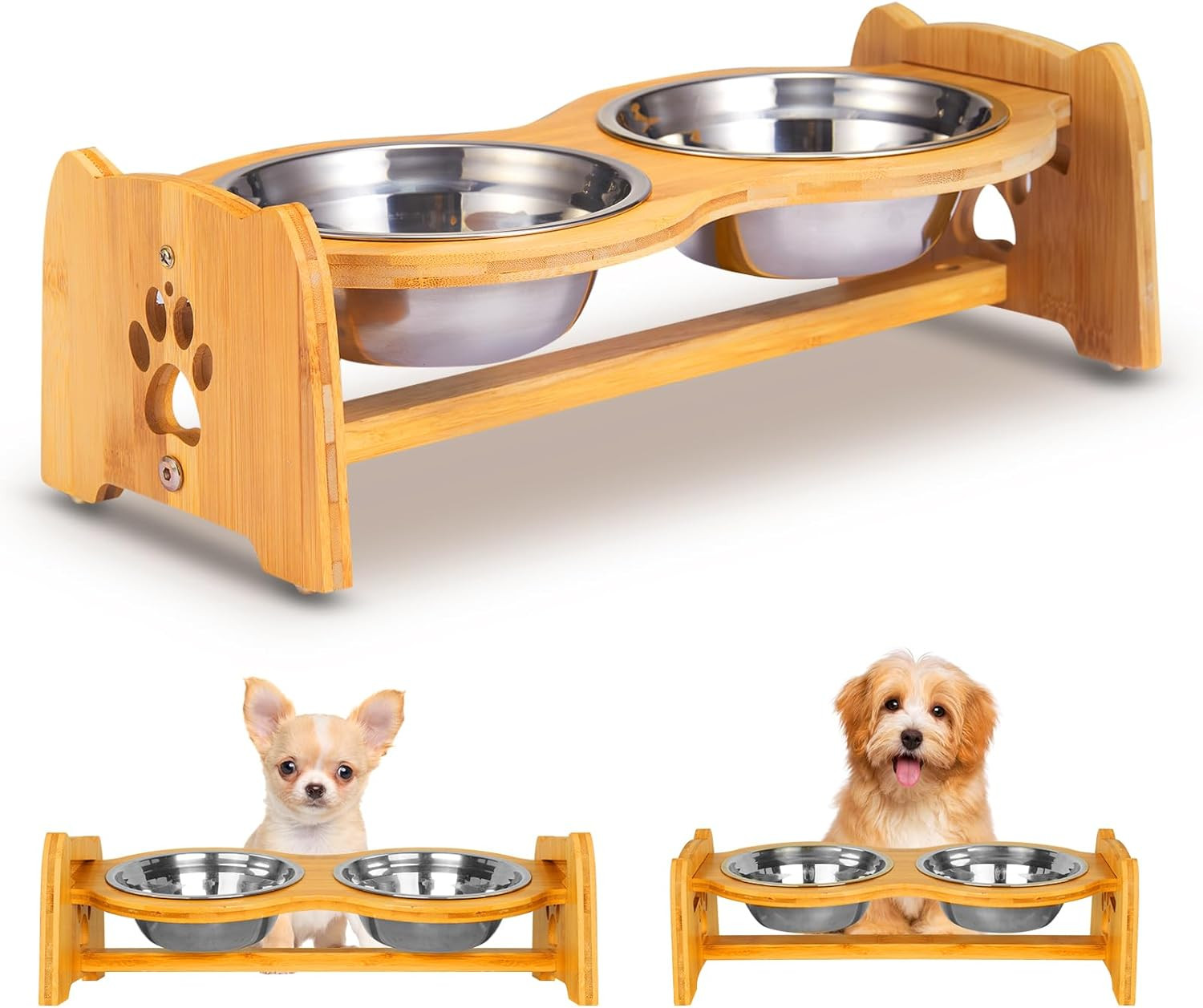 Elevated Dog Bowls for Cats and Dogs, Adjustable Bamboo Raised Dog Bowls