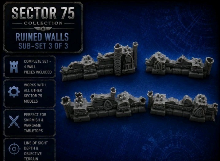War Torn Sector 75 Modular Sci-Fi Ruined Wall Subset 3 -32mm Scale -Terrain