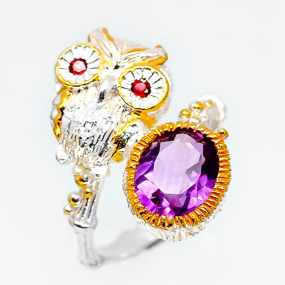Handmade Jewelry Gift Art Natural Amethyst Garnet Silver 925 Sterling Ring/RVS69