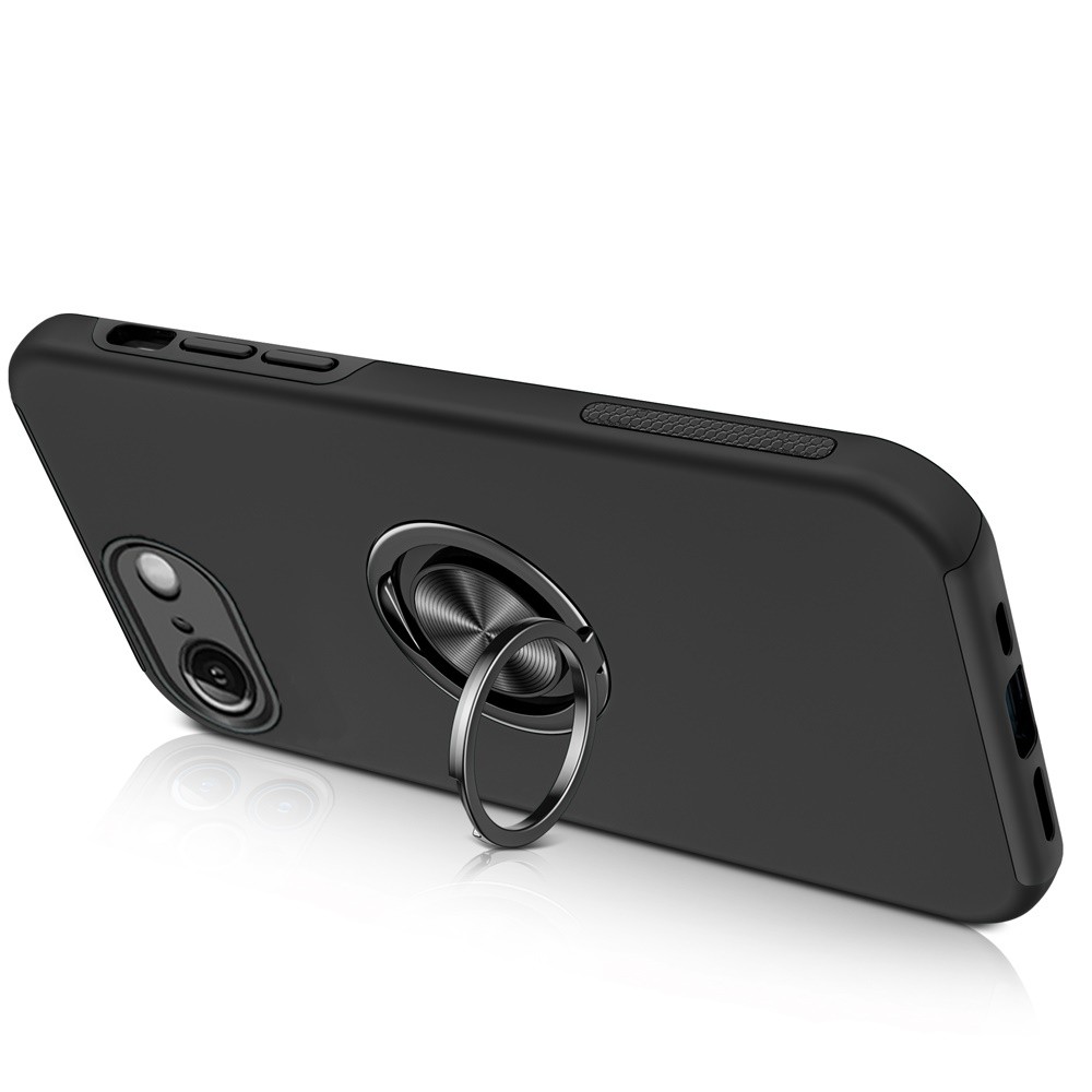For iPhone 16e Case Rubberized Dual Layer Magnetic Ring Stand + Tempered Glass