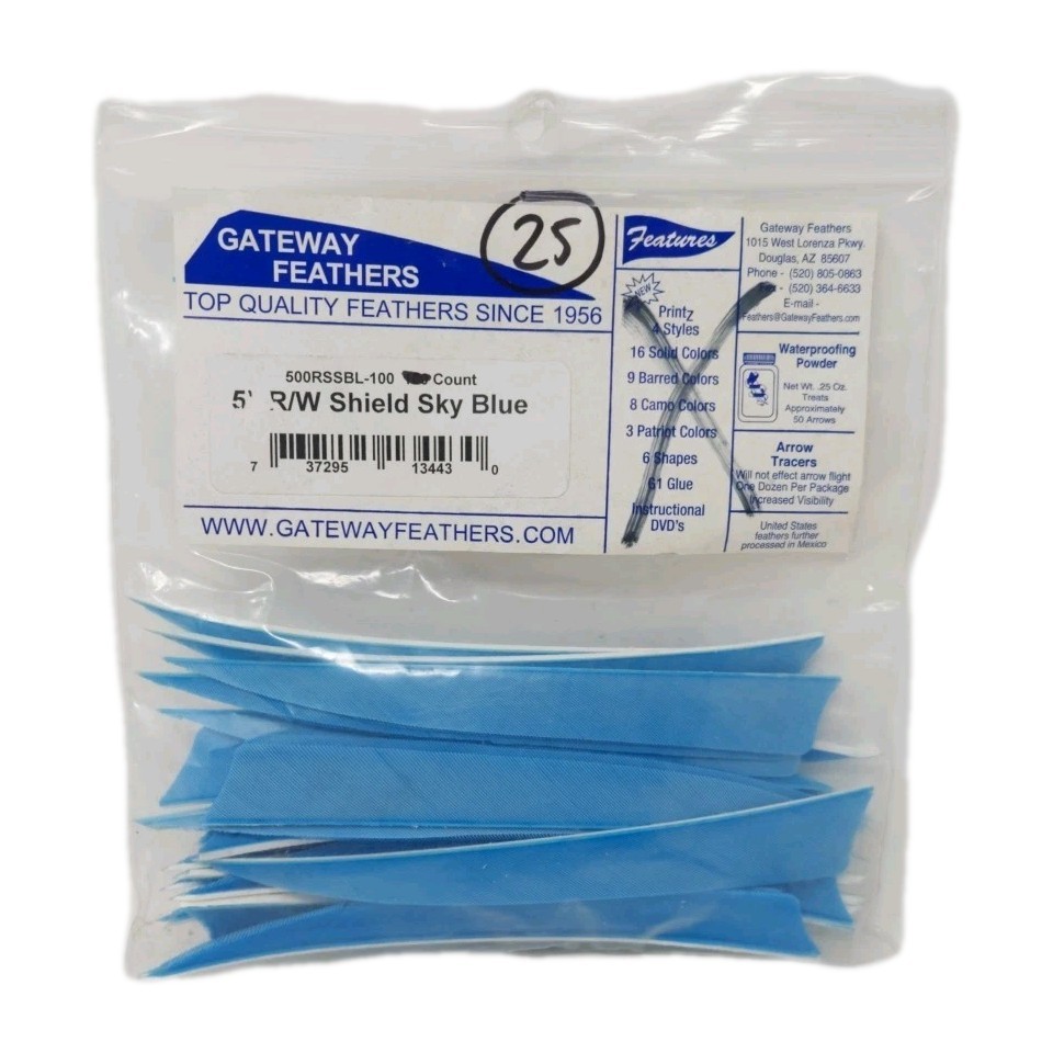 25 Count Gateway Archery Arrow Feathers 5" Right Wing: Shield Sky Blue