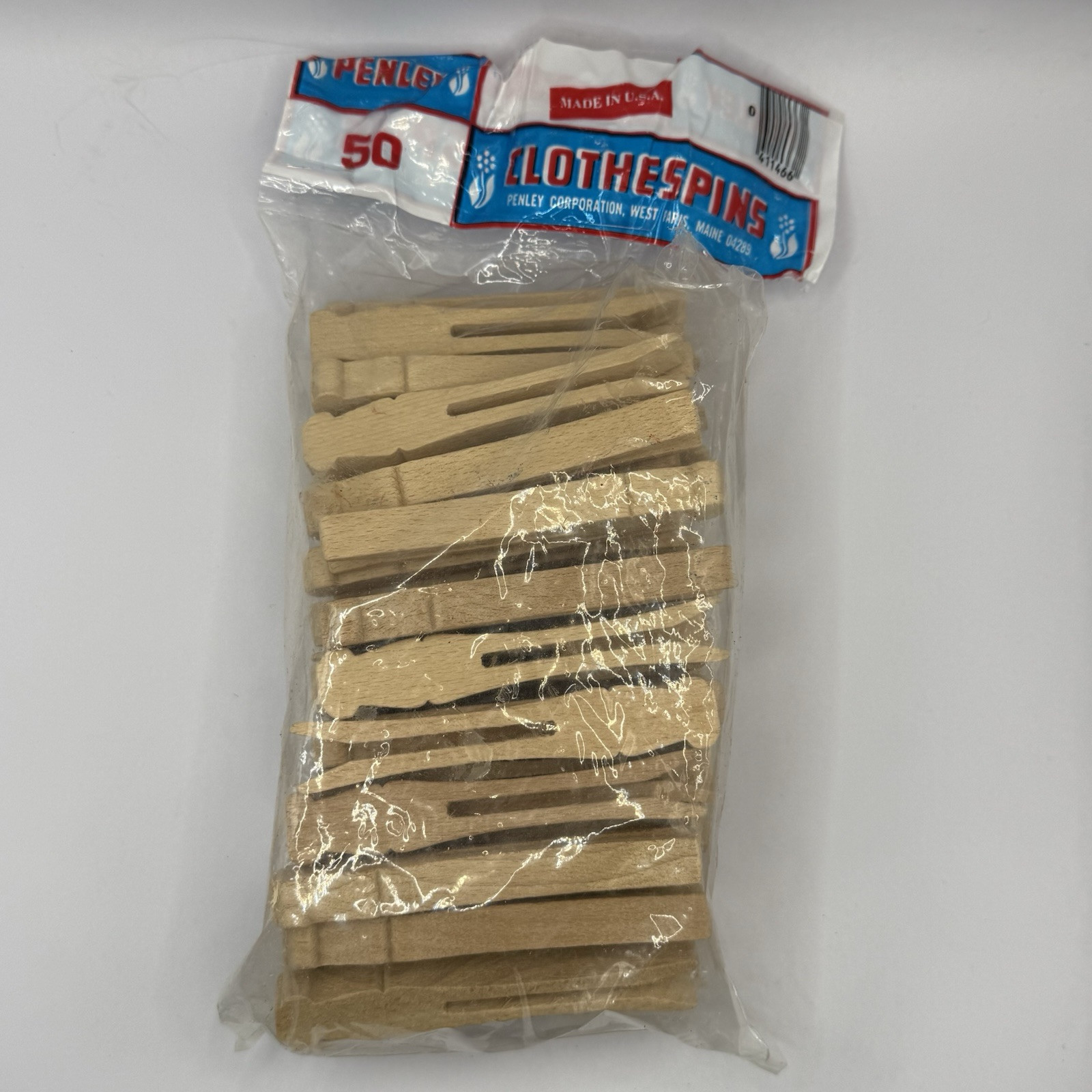 Vintage Penley 4" Wooden Flat Slotted Clothespins 48 Pc. Set Made In USA
