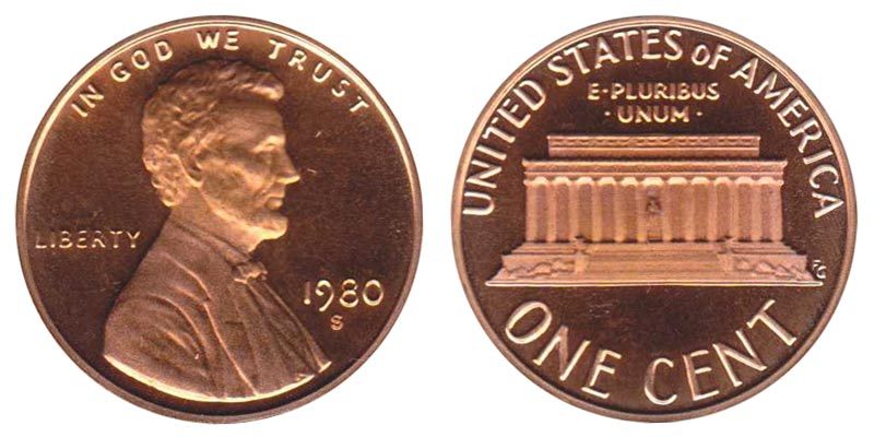 1980 S GEM BU PROOF Lincoln Memorial BRILLIANT UNCIRCULATED PENNY PF COIN #4193