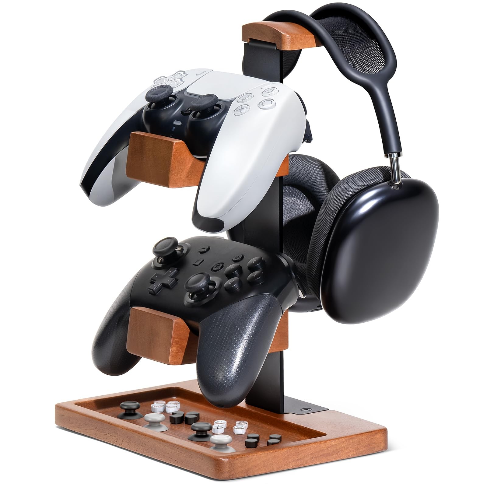 Solid Wood Controller Holder and Headphone Stand, Brown & Black