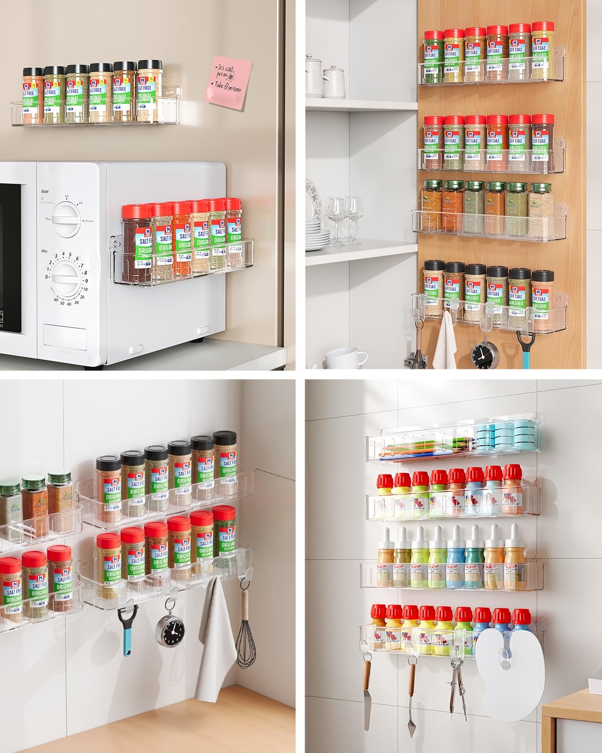 Wall Mount Spice Rack Organizer, 4 Pack, Clear, Adhesive or Screw Mount