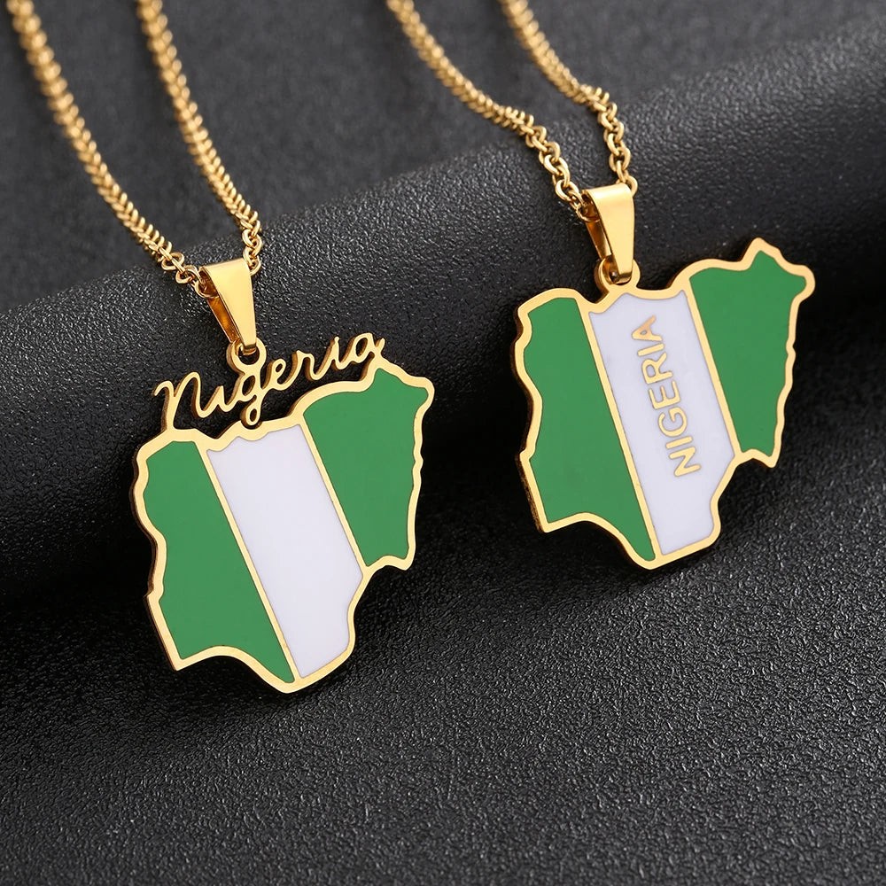 Nigeria Map Flag Pendant Necklace in Gold & Silver – Unisex Jewelry U250248