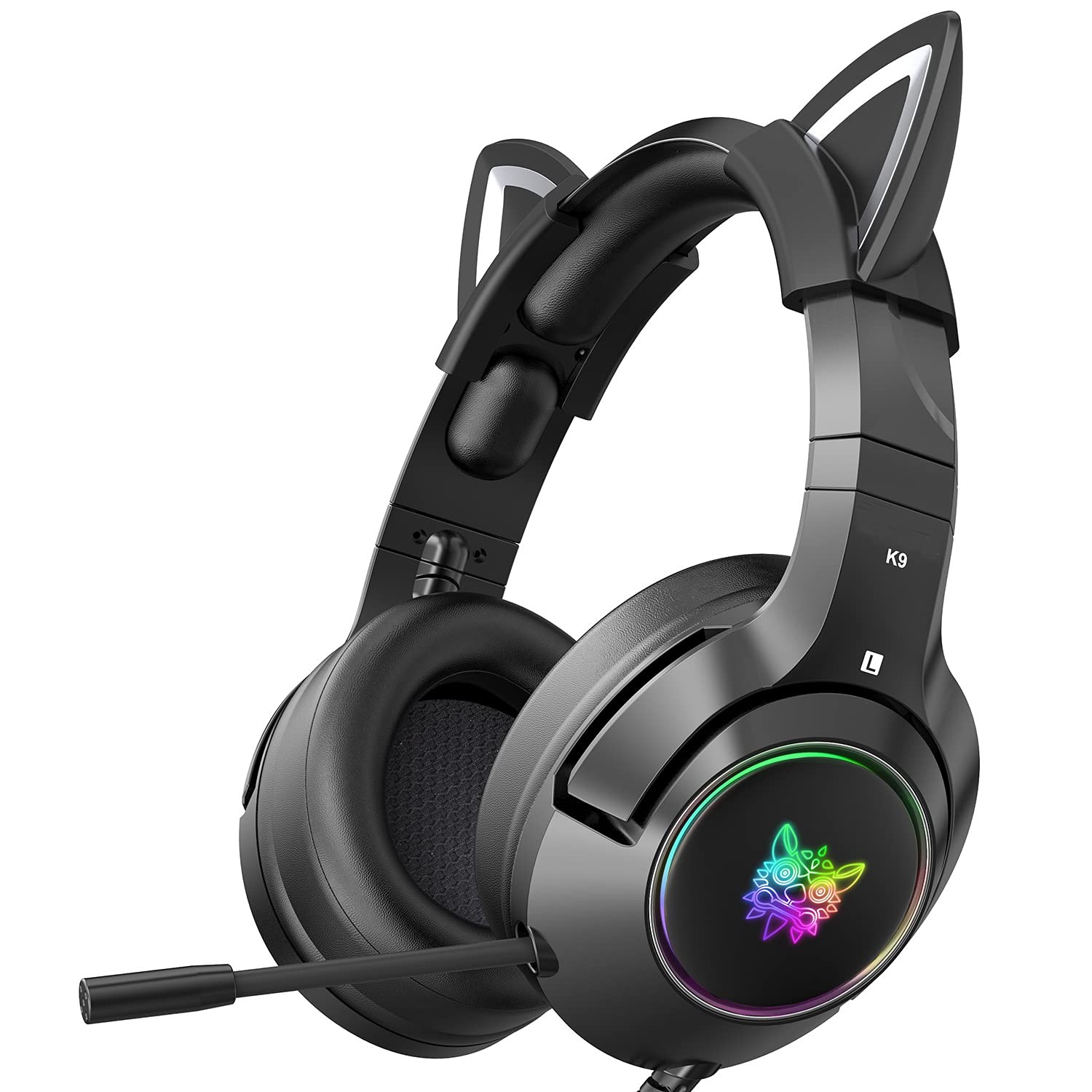 Gaming Headset - Removable Cat Ears, RGB/Retractable Mic, Black