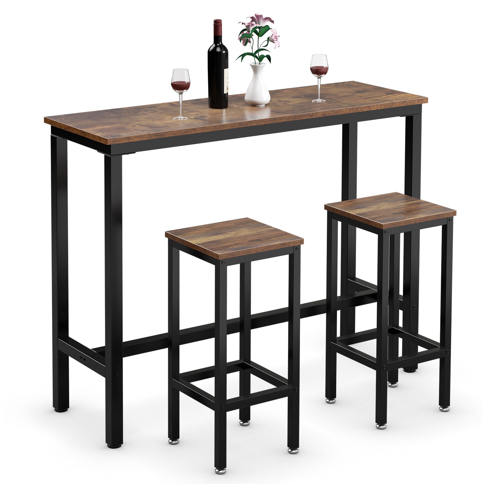 3 PCS Bar Table Set Counter Height Breakfast Bar Dining Table w/2 Stools Brown