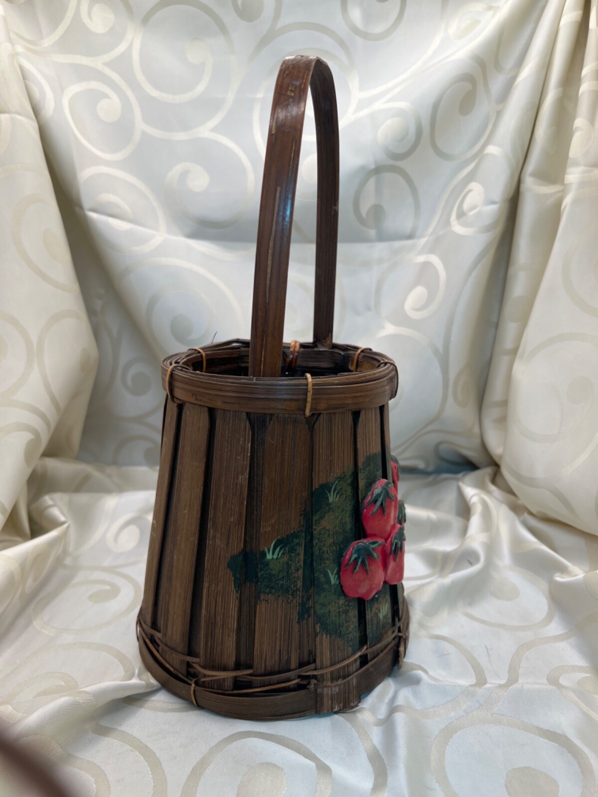 Vintage basket with tall handle hand painted tomatoes