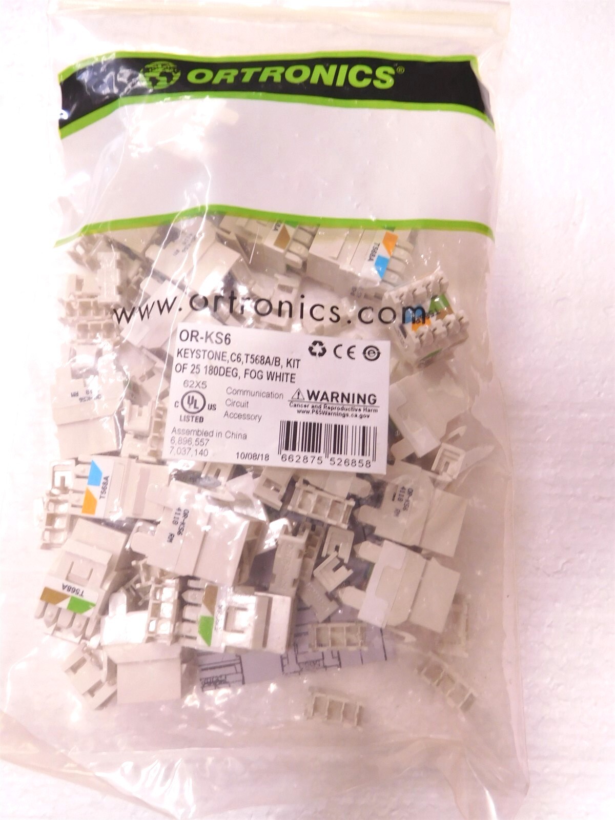 25 PK ORTRONICS OR-KS6 KEYSTONE C6 T568A/B 180DEG CAT6 JACK INSTERTS (S1)