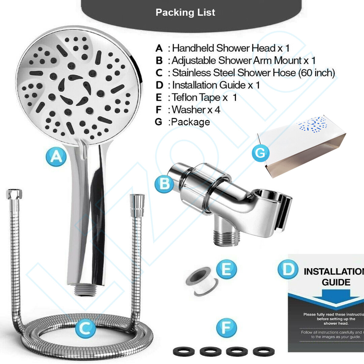 Handheld Shower Head High Pressure 9-Setting w/60" Hose & Adjustable Bracket