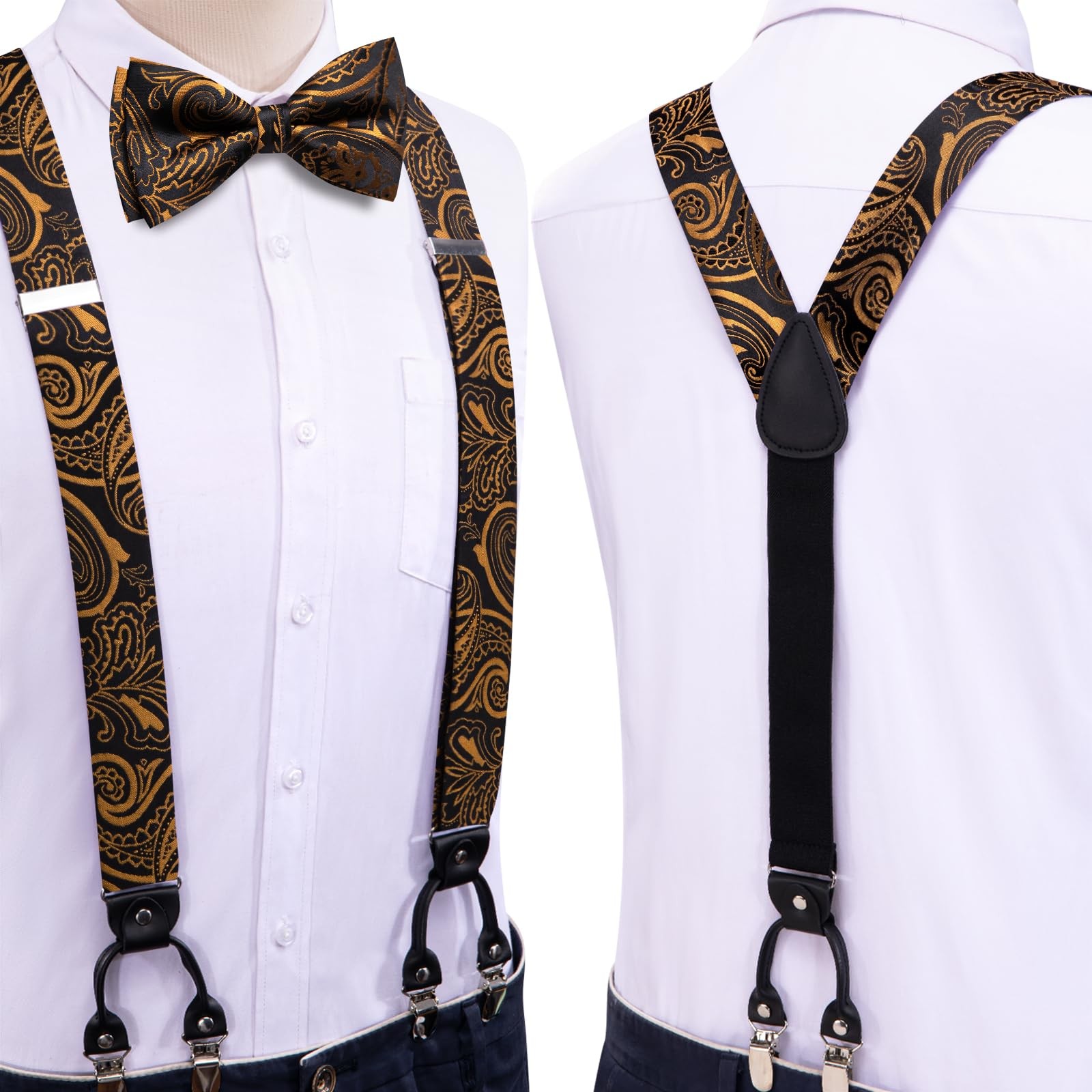 Suspender And Bow Tie For Men Paisley Solid Braces Pretied Hankie Cufflink