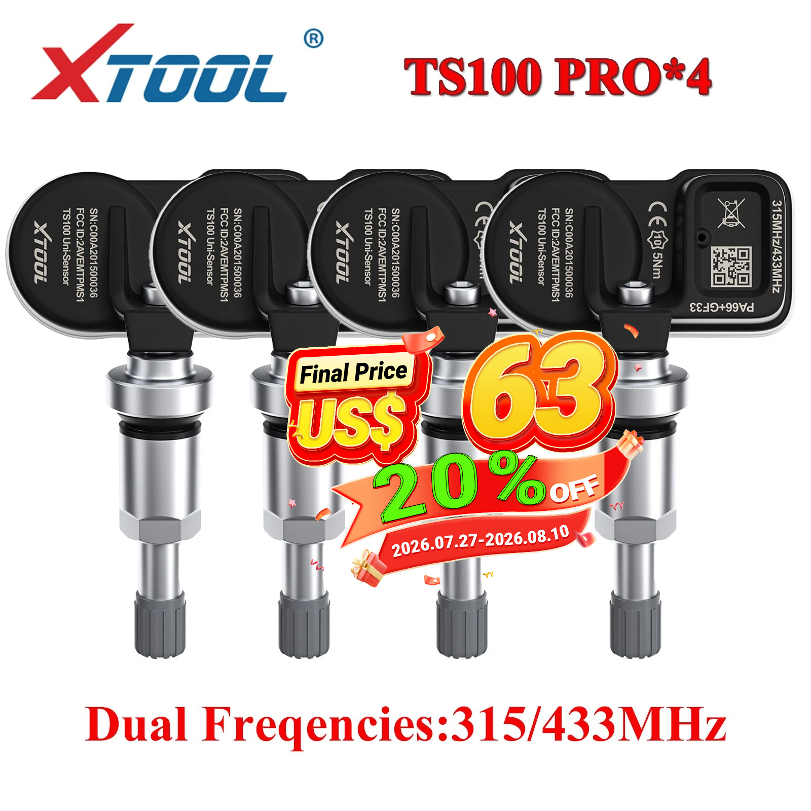 New XTOOL TS100*4 Tire Pressure Sensor 315&433MHz Programmable Universal Rubber