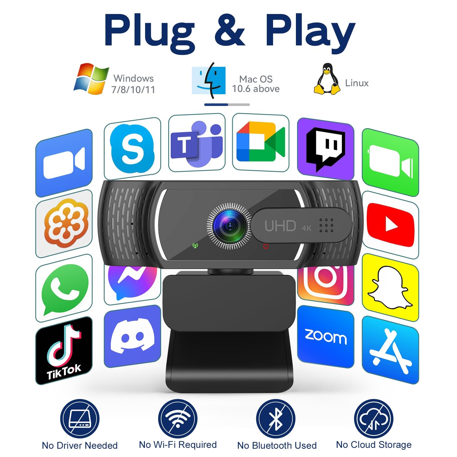 4K Webcam for PC & Mac, Tiny USB Streaming Camera with PDAF Autofocus, Dual O...