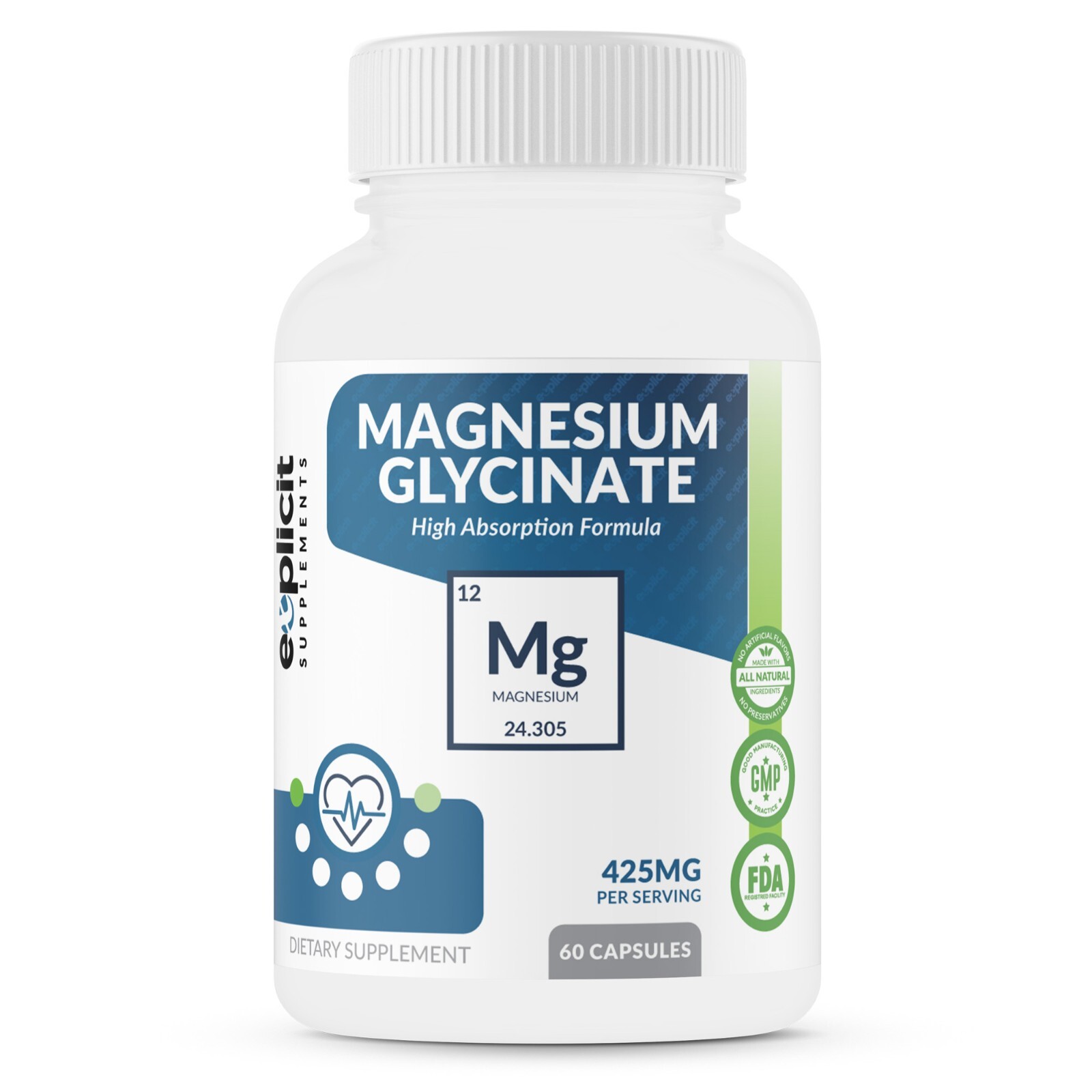 Pure Magnesium Glycinate 425mg, 100% Chelated, 60 Capsules – USA Made – 1 Month