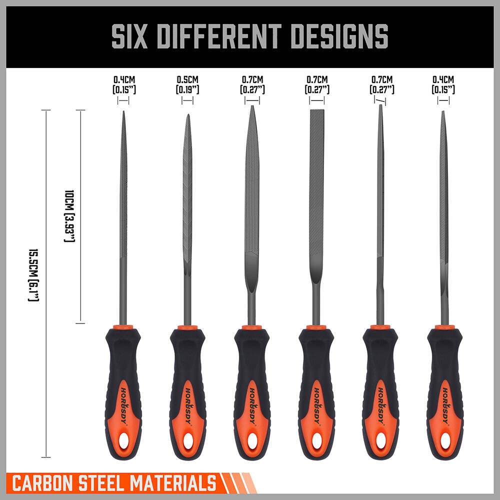 6pc Needle Files Set Flat Square Triangular Round Forged Heat-treat Steel