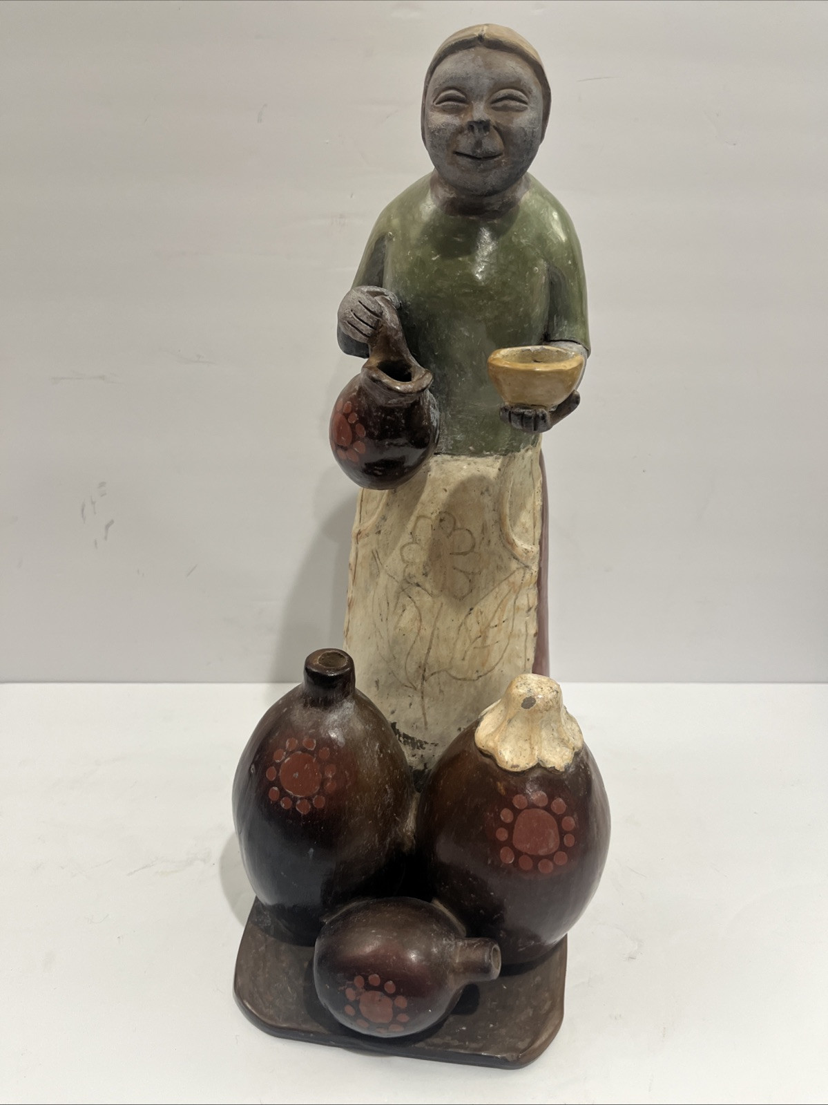 VTG Peruvian Chulucanas Folk Art Terracotta Pottery Woman w/ Pots Sculpture 1993