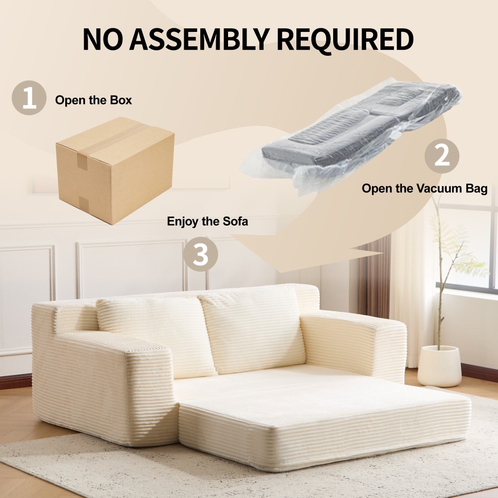 Modern Loveseat Sofa Bed w/Reversible Cushion & Pillows, White Corduroy