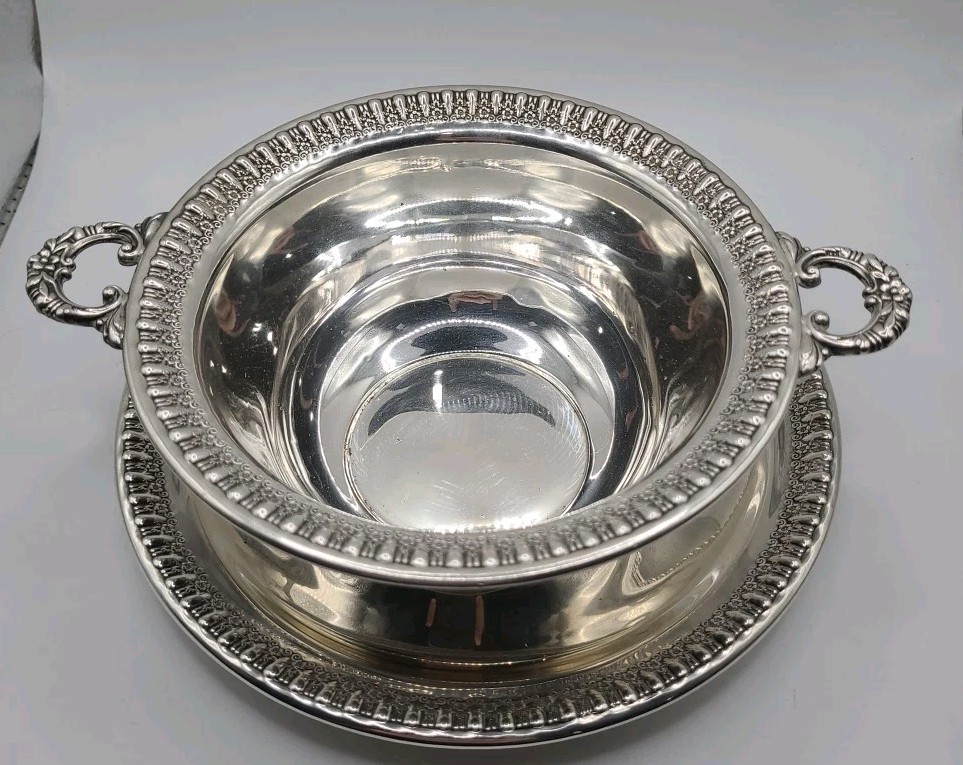 Vintage Wilcox International Silver Brandon Hall Double Handled Bowl W/ Plate