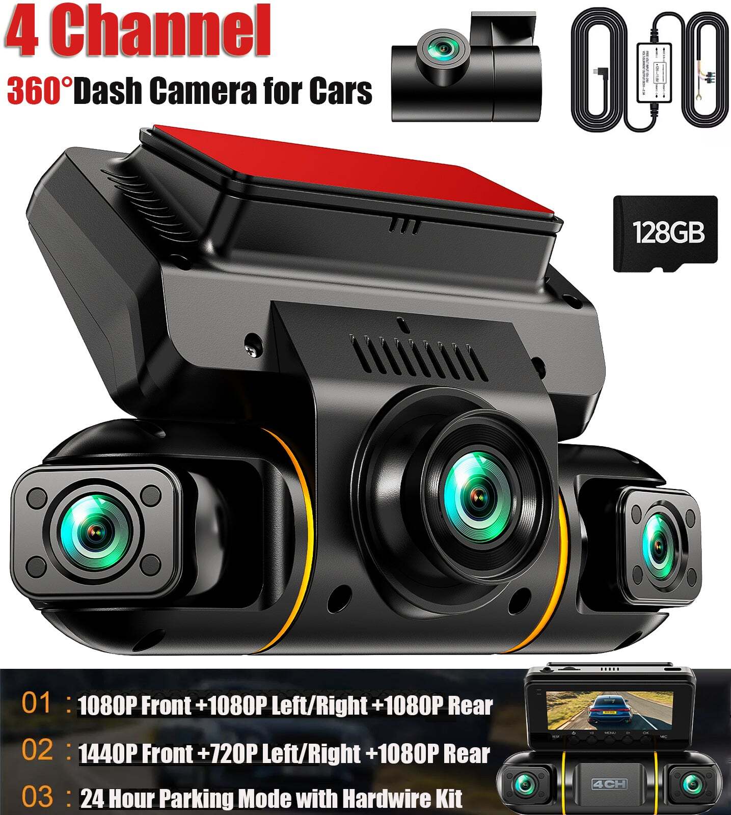 Dash Cam 4 Channel 360°Front Rear Inside Night Vision FHD 1080P Car Camera 128GB