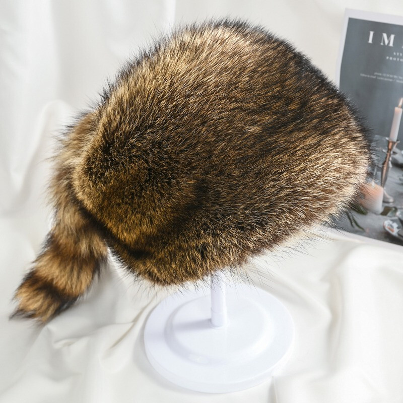 Adult Real Raccoon Fur Hat Trapper Hat Hunter Hat Warm Russian Outdoor Ski Cap