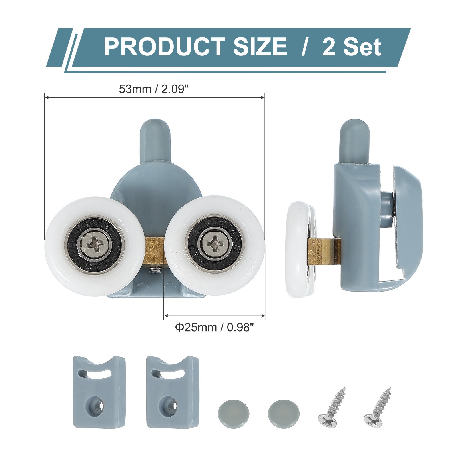 2Pcs 25mm Double Shower Door Rollers Plastic Bottom Wheels Pulleys Guide Grey