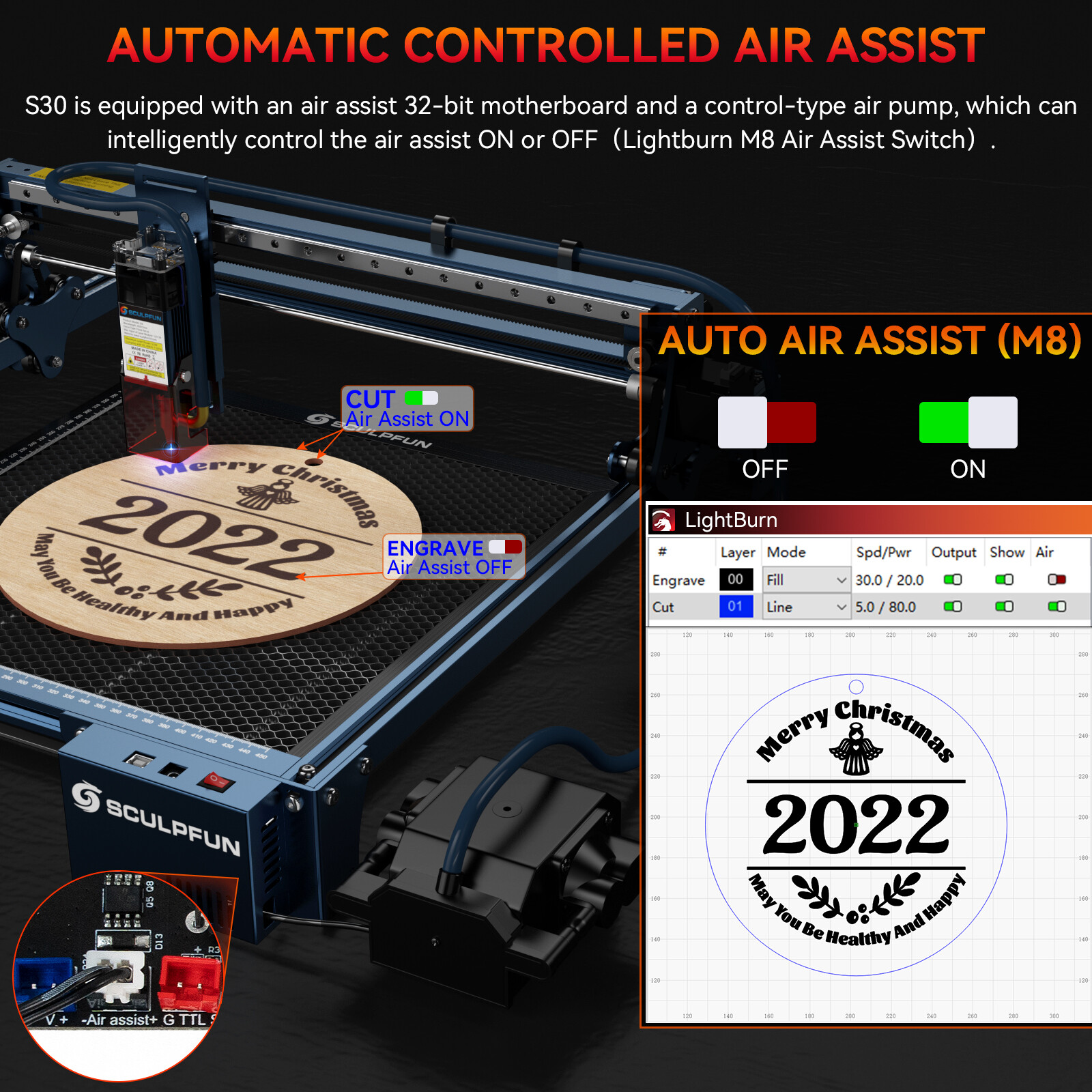 SCULPFUN S30 60W Effect Laser Engraving Machine w/ Automatic Air-assist Kit R2C3