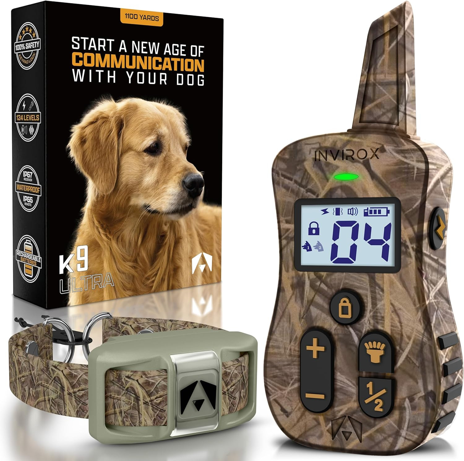 Dog Shock Collar [Ultra K9] 124 Training Levels, 4 Powerful Modes with Night-Lig