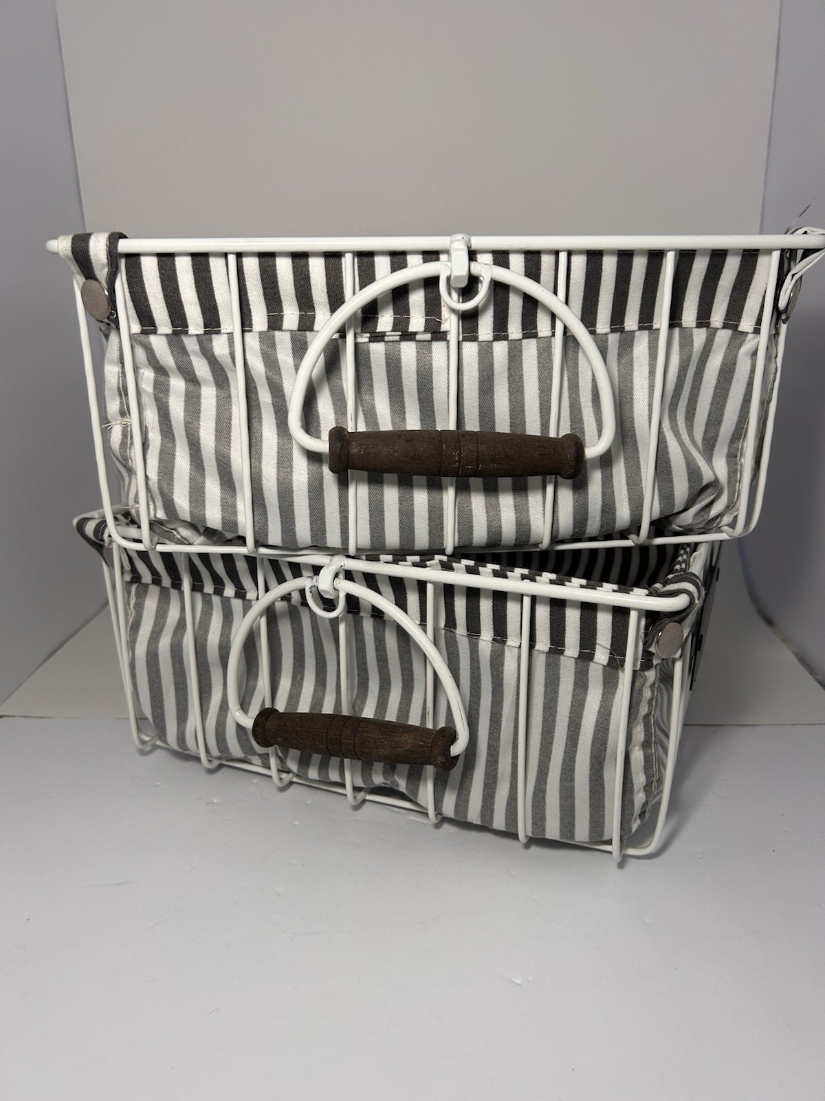 Rae Dunn White Metal Vegtable Baskets with Black & White Striped Farmhouse Decor