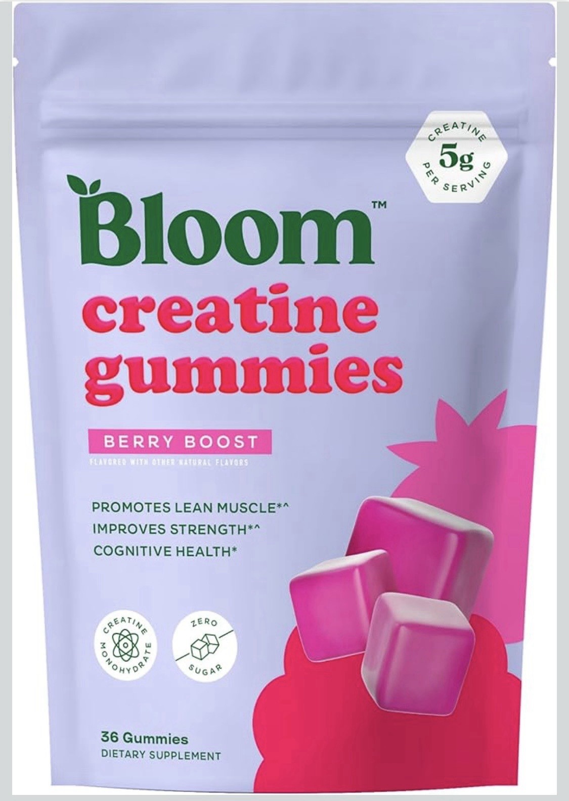 ONE PACK - Bloom Creatine Monohydrate Gummies Berry Boost 36 Count 5g Sugar-Free