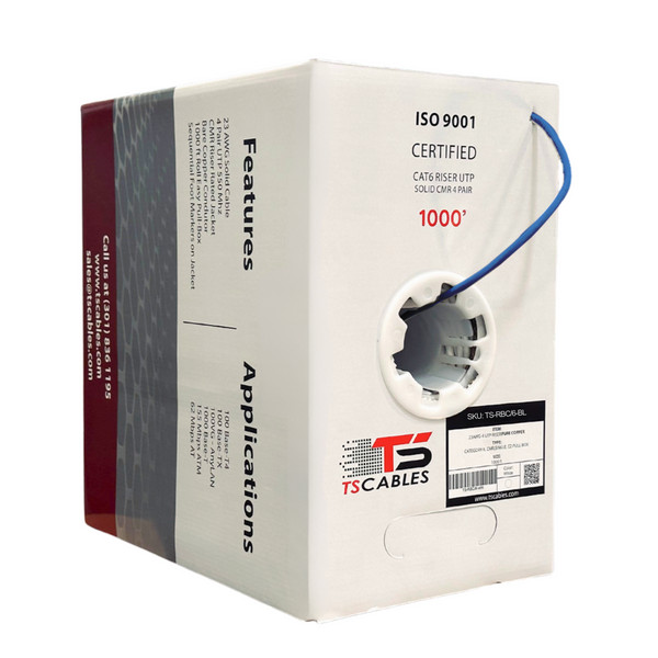 TSCables Cat6 Riser Solid Bare Copper 1000ft 550MHz Cable Blue, Black & White