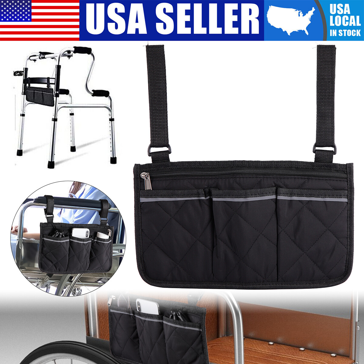 Wheelchair Side Bag Armrest Storage Pouch with Cup Holder Accessory Organizer
